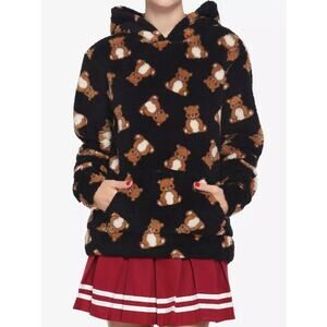 Hot Topic Women’s Teddy Bear Soft Sherpa Pullover Hoodie Sweatshirt Size M Black